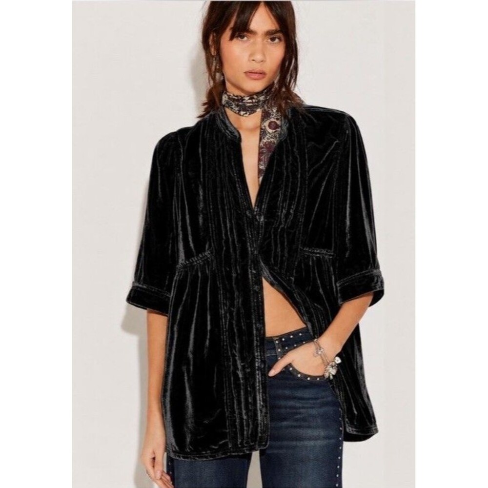NWOT We the Free Velvet Willow Button Down Top Black Medium Whimsigoth